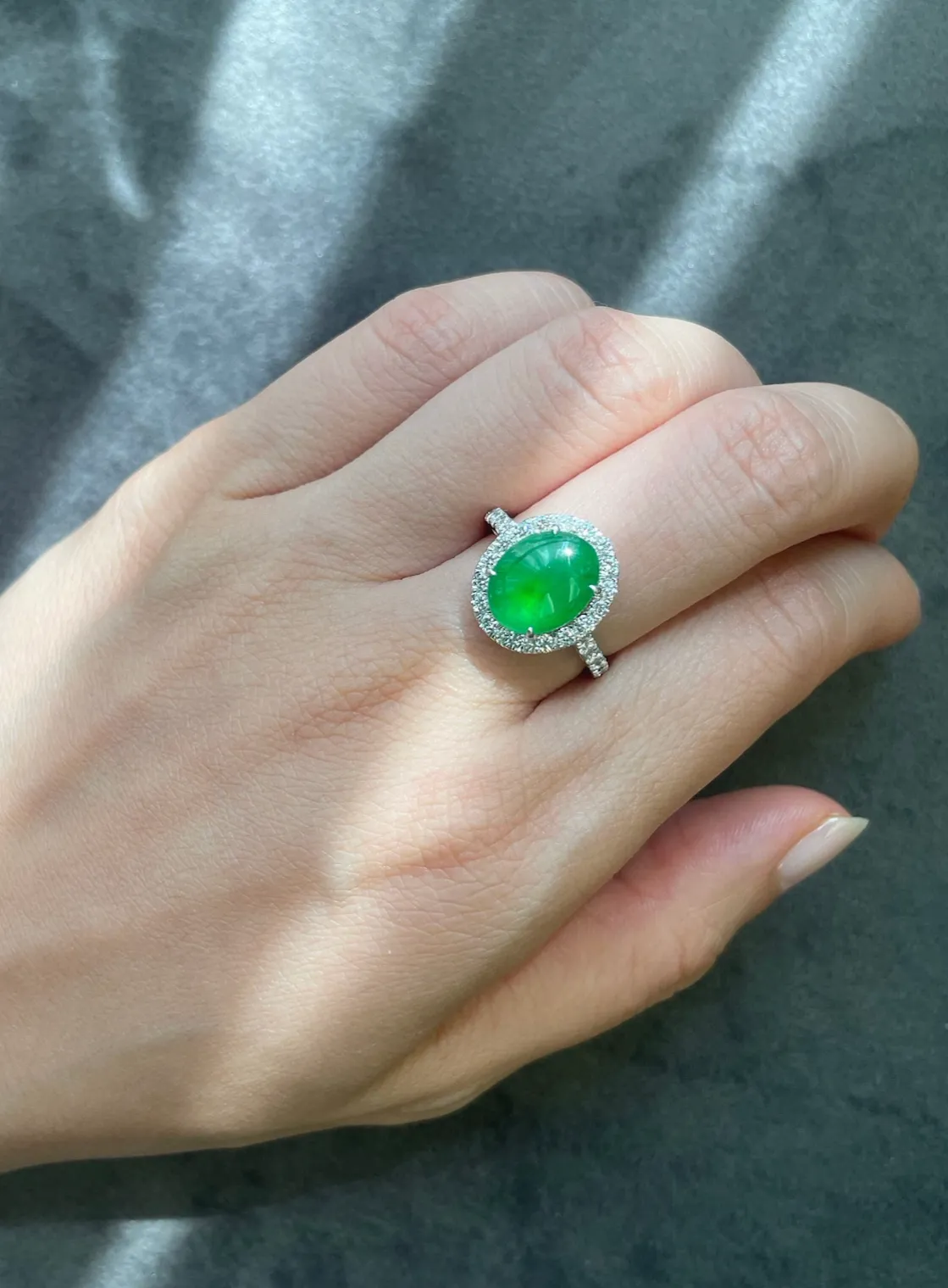 Certified Natural Oval Green Jade & Diamond Ring in White Gold