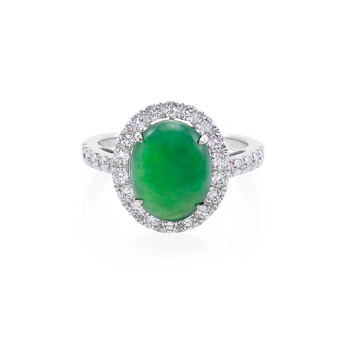 Certified Natural Oval Green Jade & Diamond Ring in White Gold