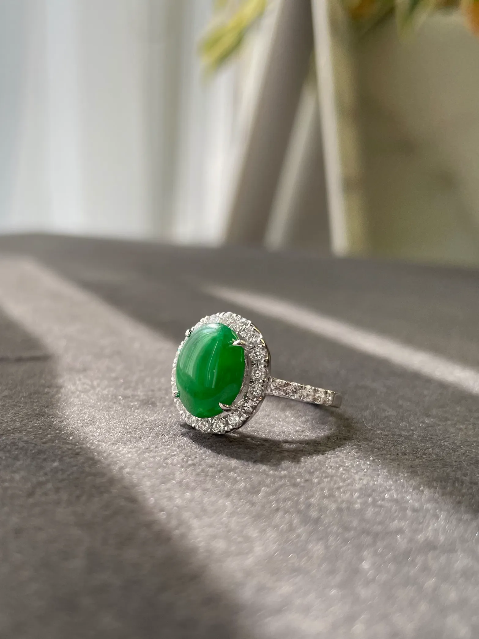 Certified Natural Oval Green Jade & Diamond Ring in White Gold