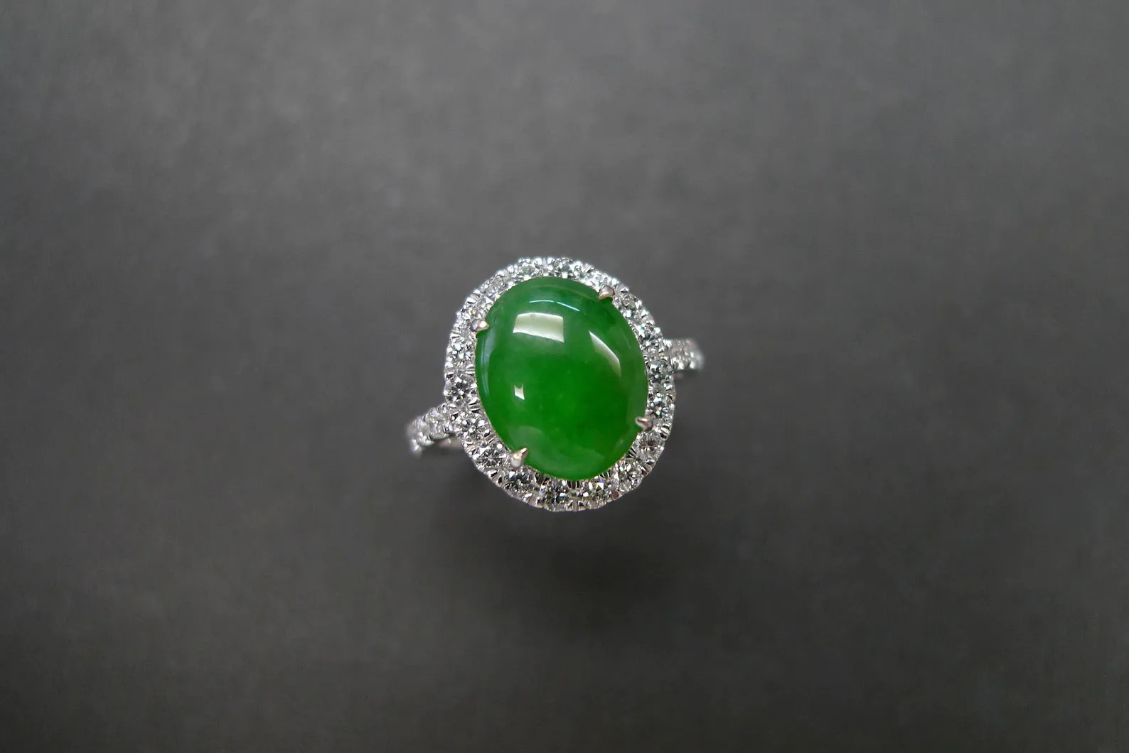 Certified Natural Oval Green Jade & Diamond Ring in White Gold