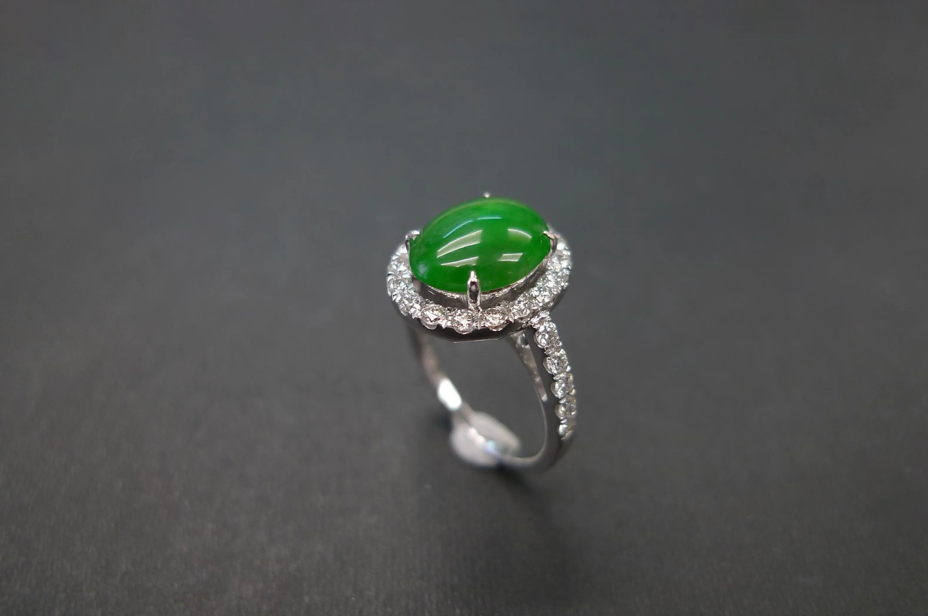 Certified Natural Oval Green Jade & Diamond Ring in White Gold