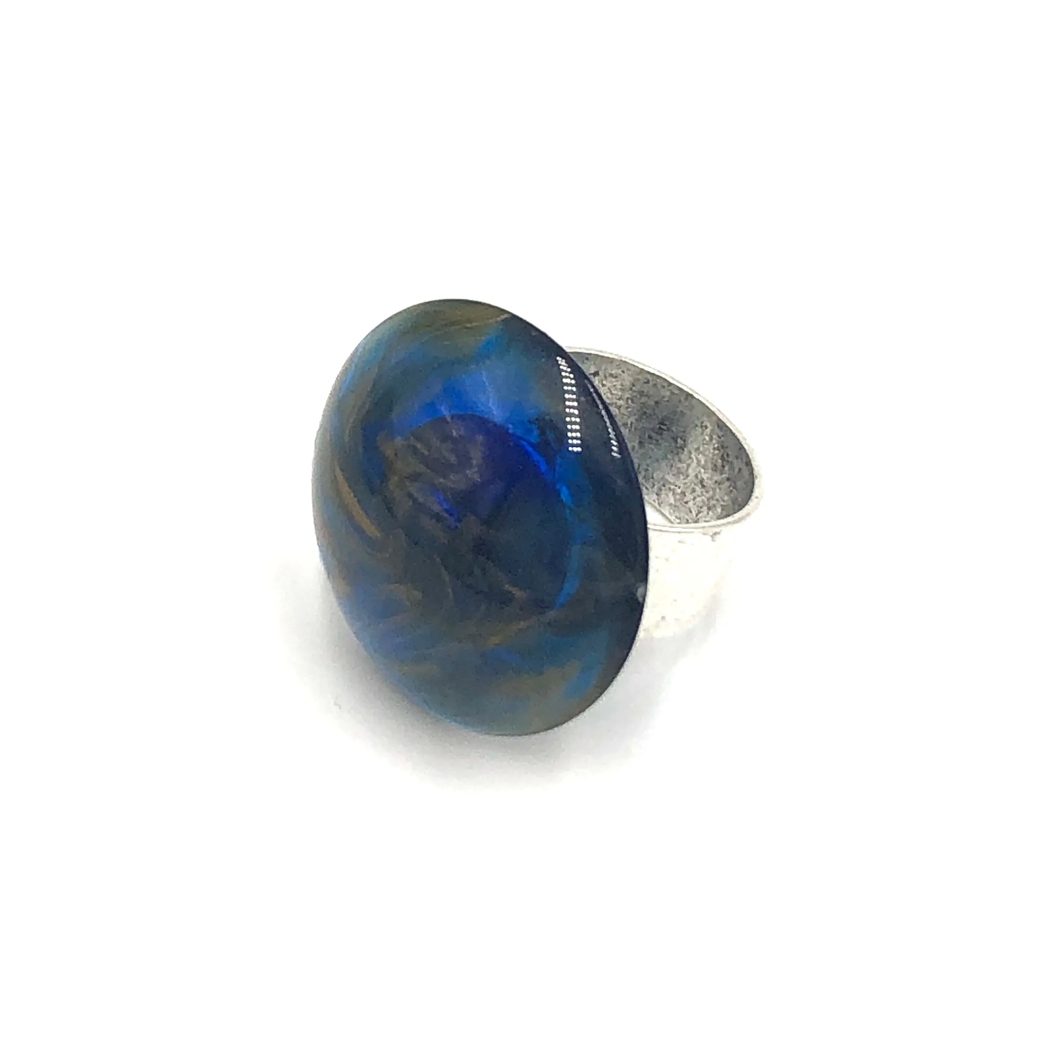 Cobalt & Gold Marbled Lucite Silver Cocktail Ring