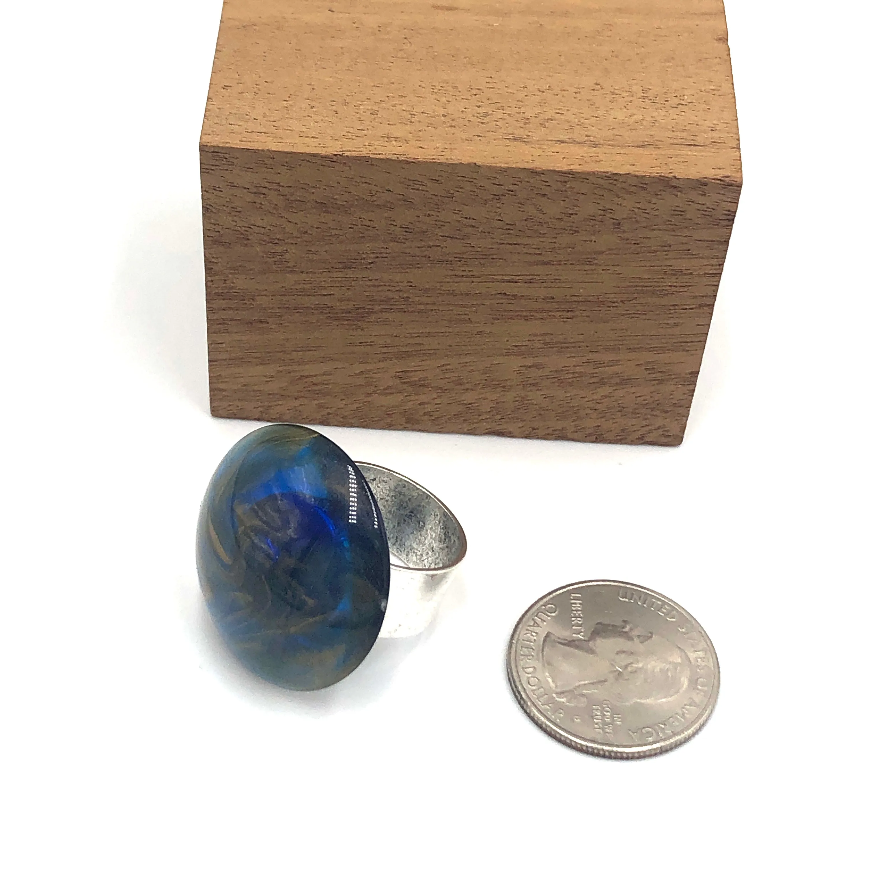 Cobalt & Gold Marbled Lucite Silver Cocktail Ring