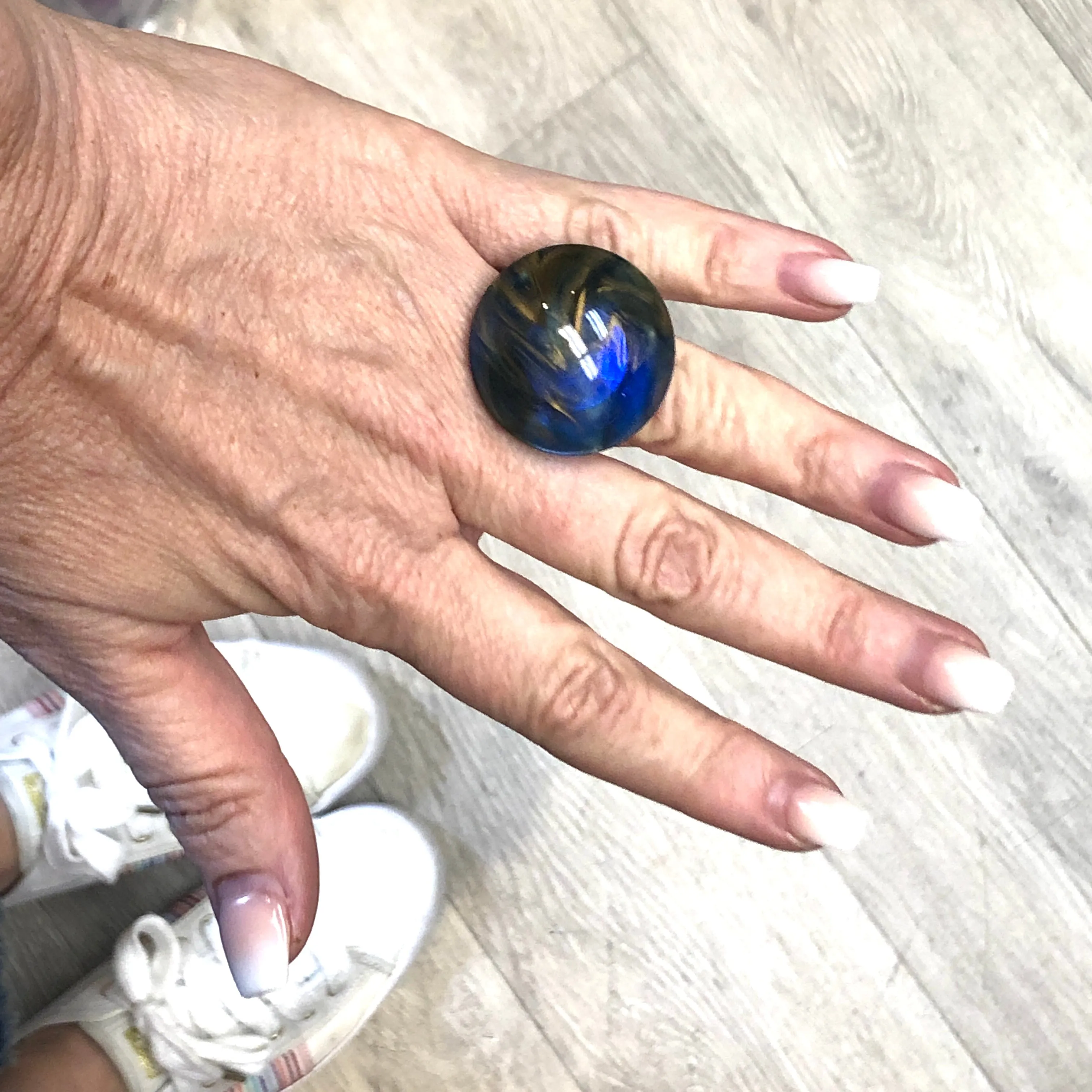 Cobalt & Gold Marbled Lucite Silver Cocktail Ring