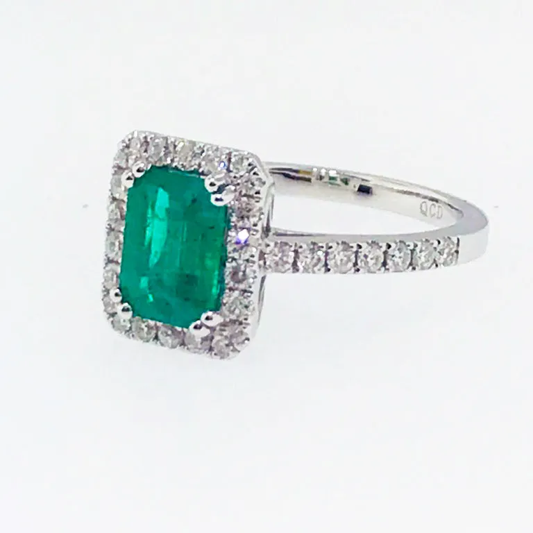 Emerald and Diamond Halo Engagement Ring