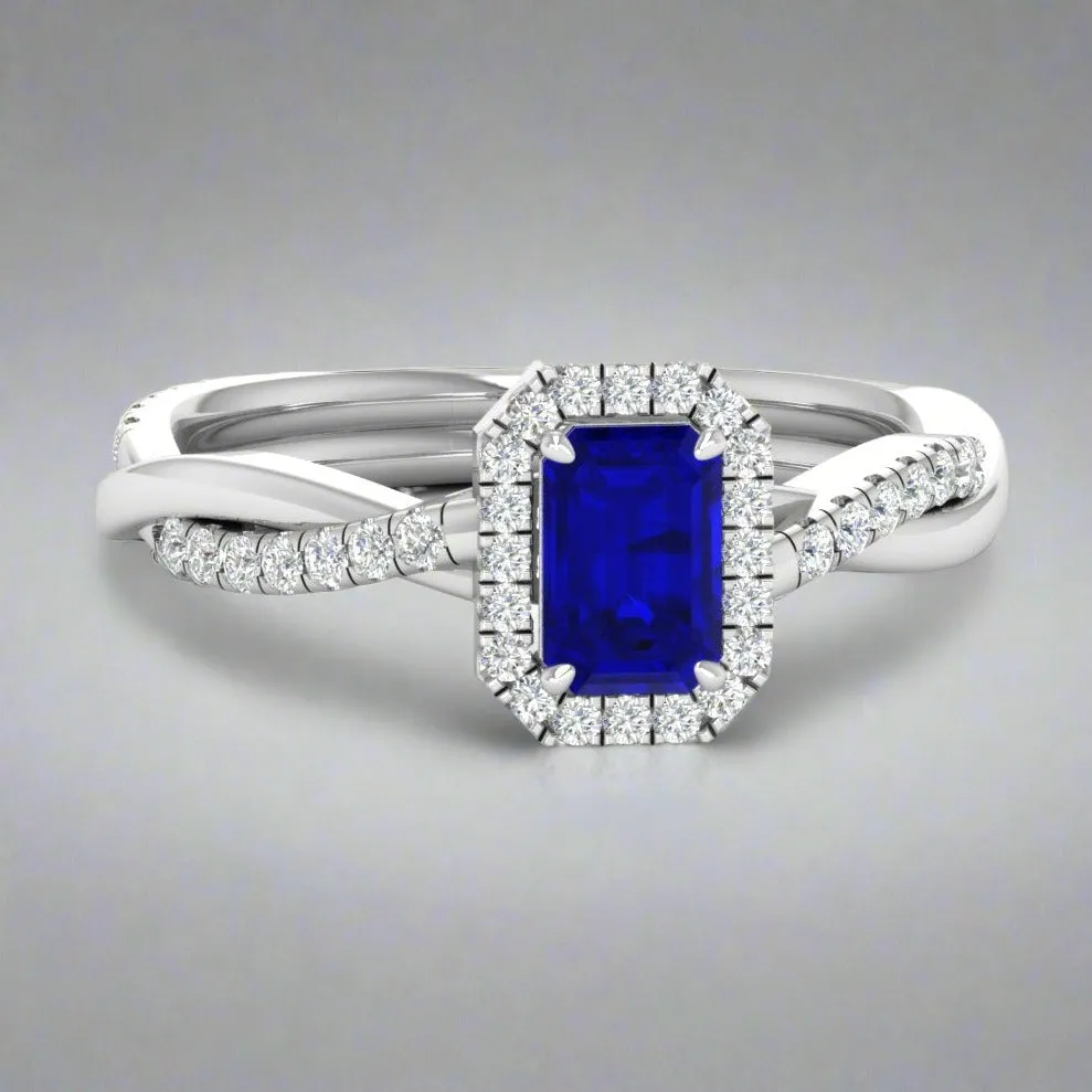 Emerald Cut Sapphire Twisted Halo Ring