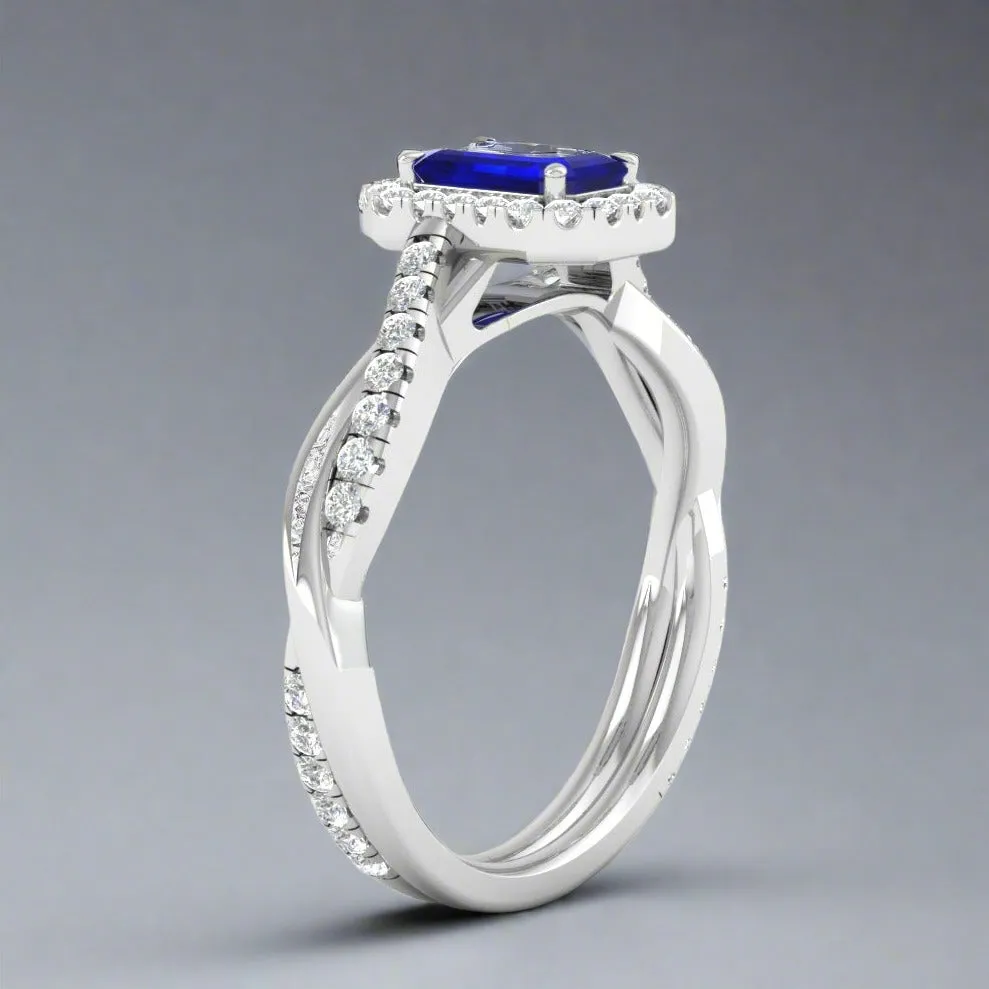 Emerald Cut Sapphire Twisted Halo Ring