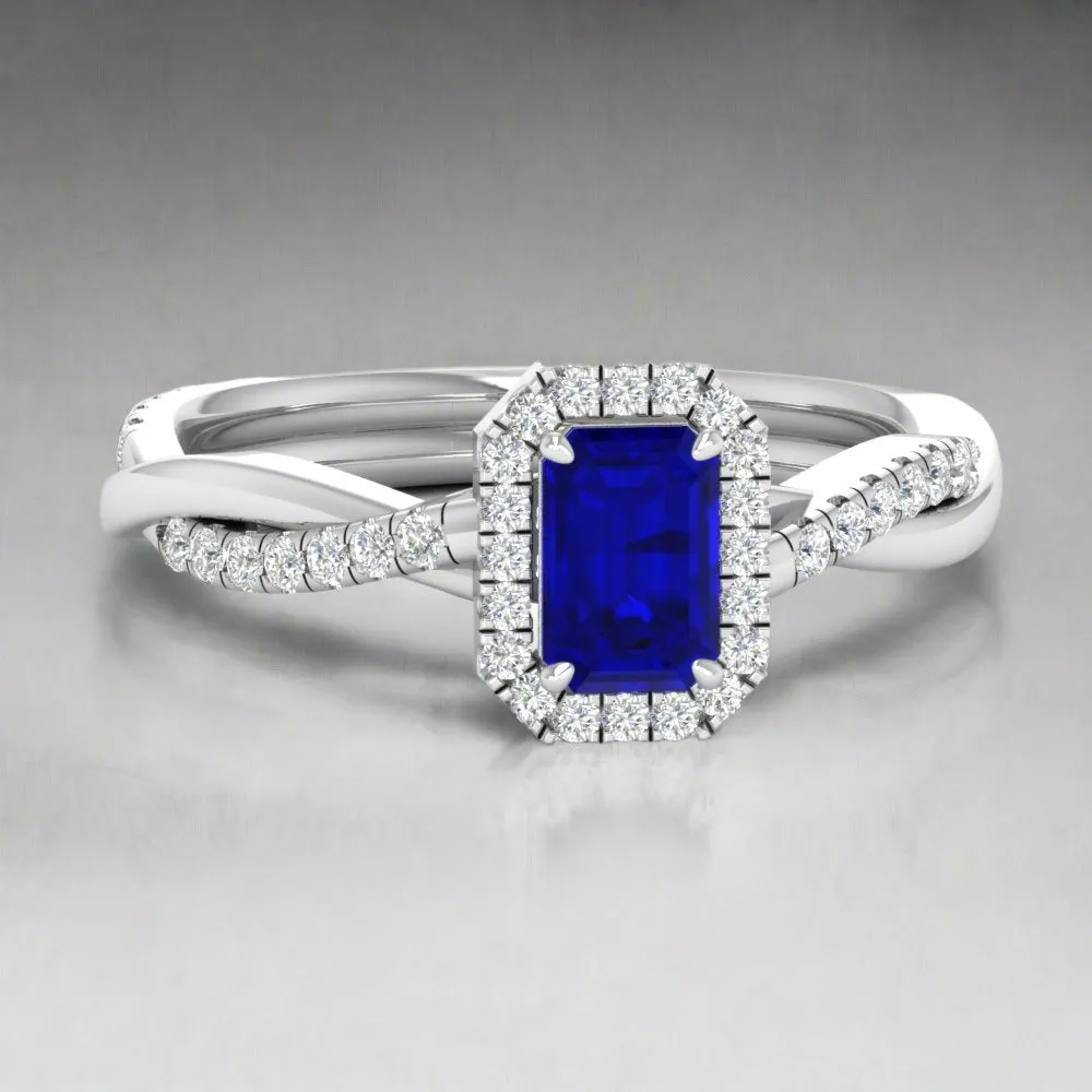 Emerald Cut Sapphire Twisted Halo Ring