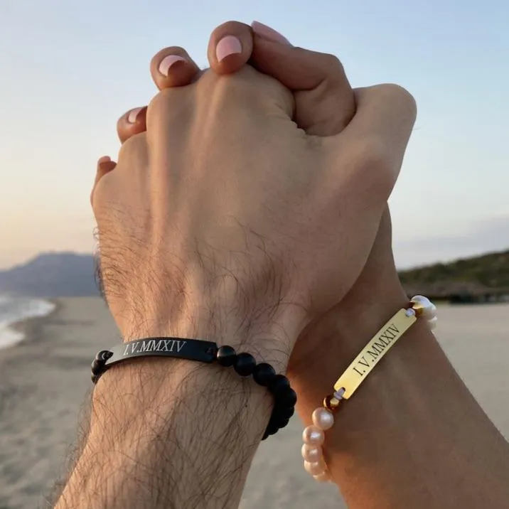 Engraved Natural Stone and Pearls Bracelets (Set of 2)