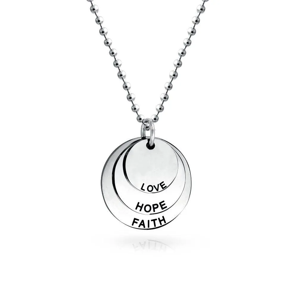 Faith Hope Love Dog Tag Circle Disc Pendant Necklace Stainless Steel