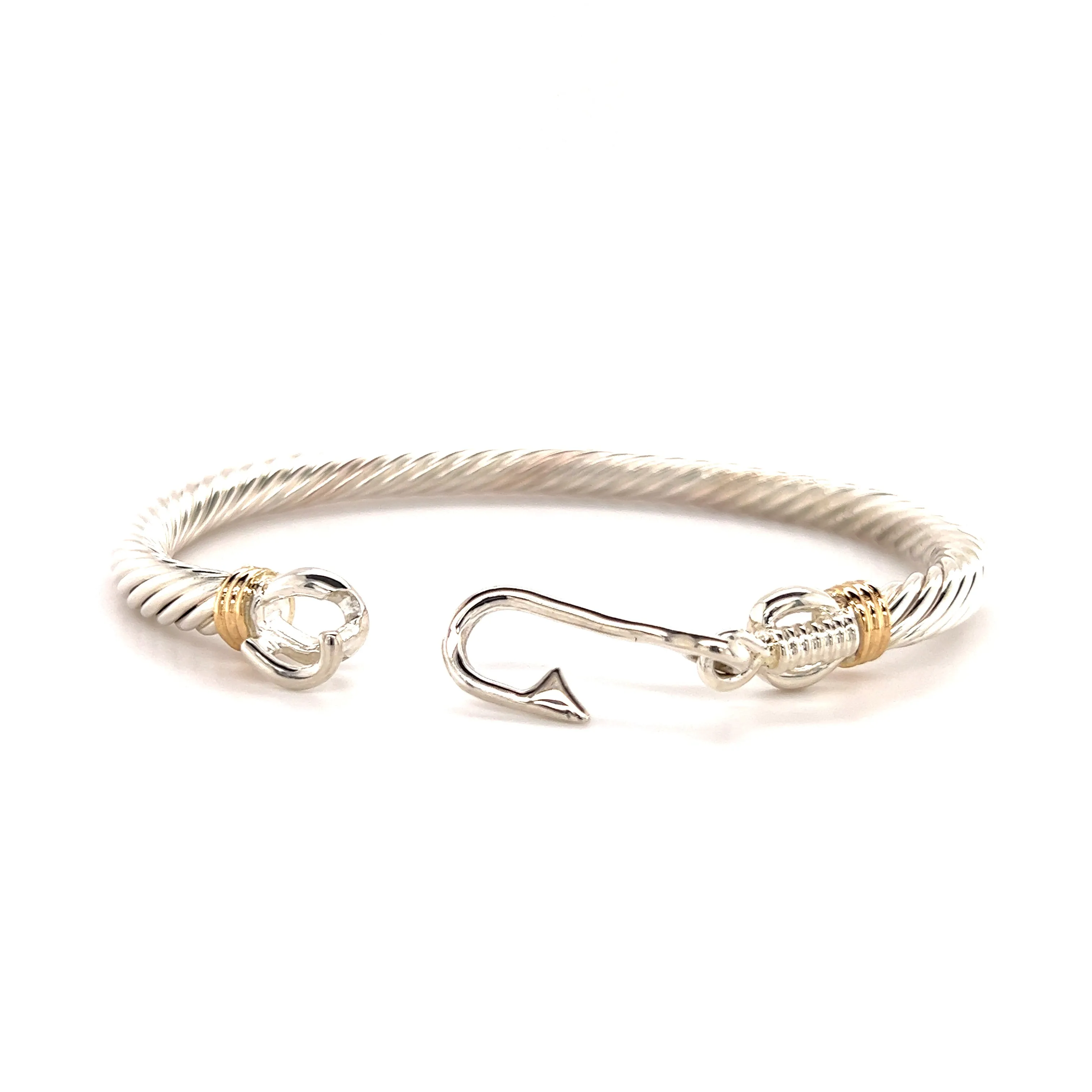 Fish Hook Cable 5mm Bangle Bracelet with 14K Wraps in Sterling Silver