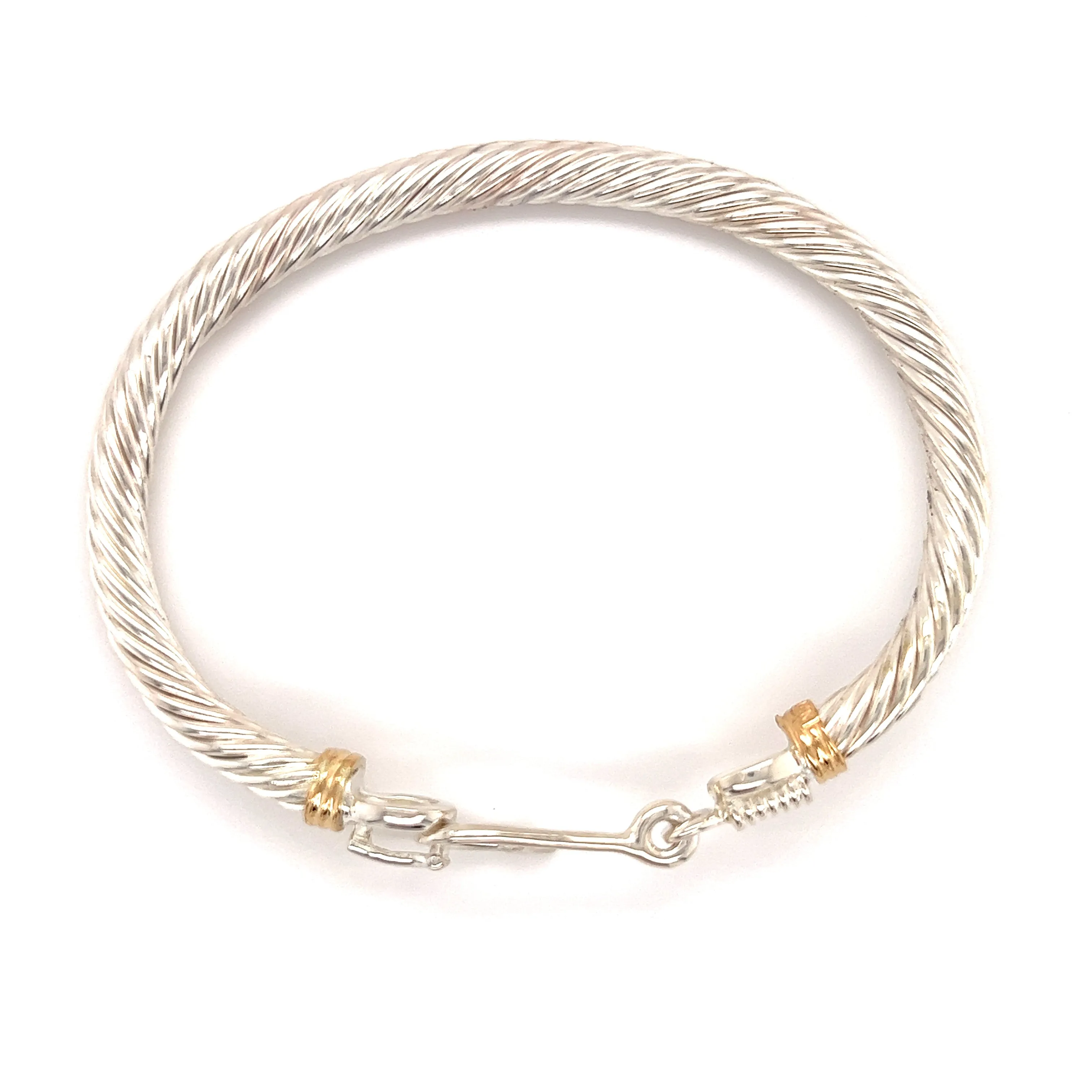 Fish Hook Cable 5mm Bangle Bracelet with 14K Wraps in Sterling Silver