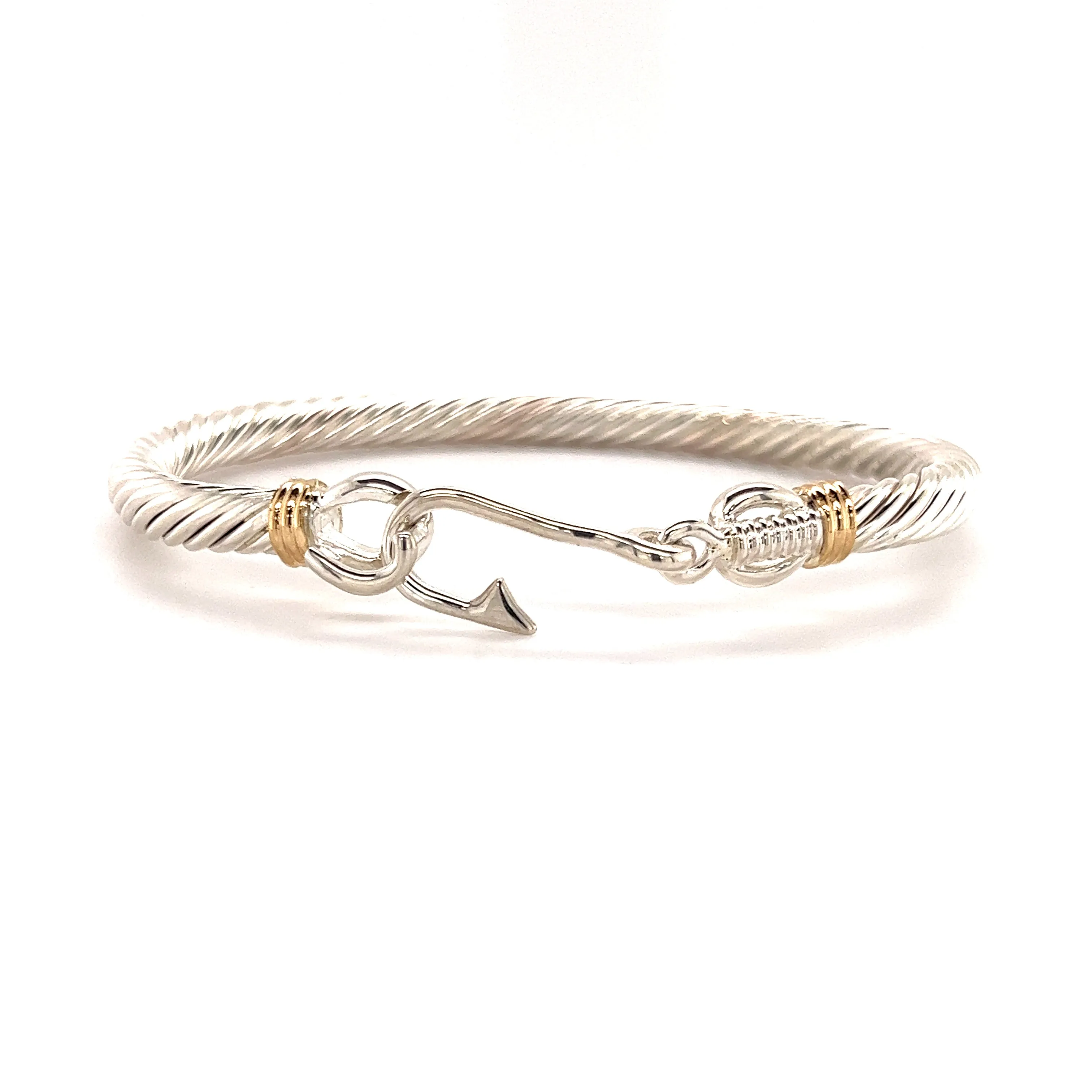 Fish Hook Cable 5mm Bangle Bracelet with 14K Wraps in Sterling Silver