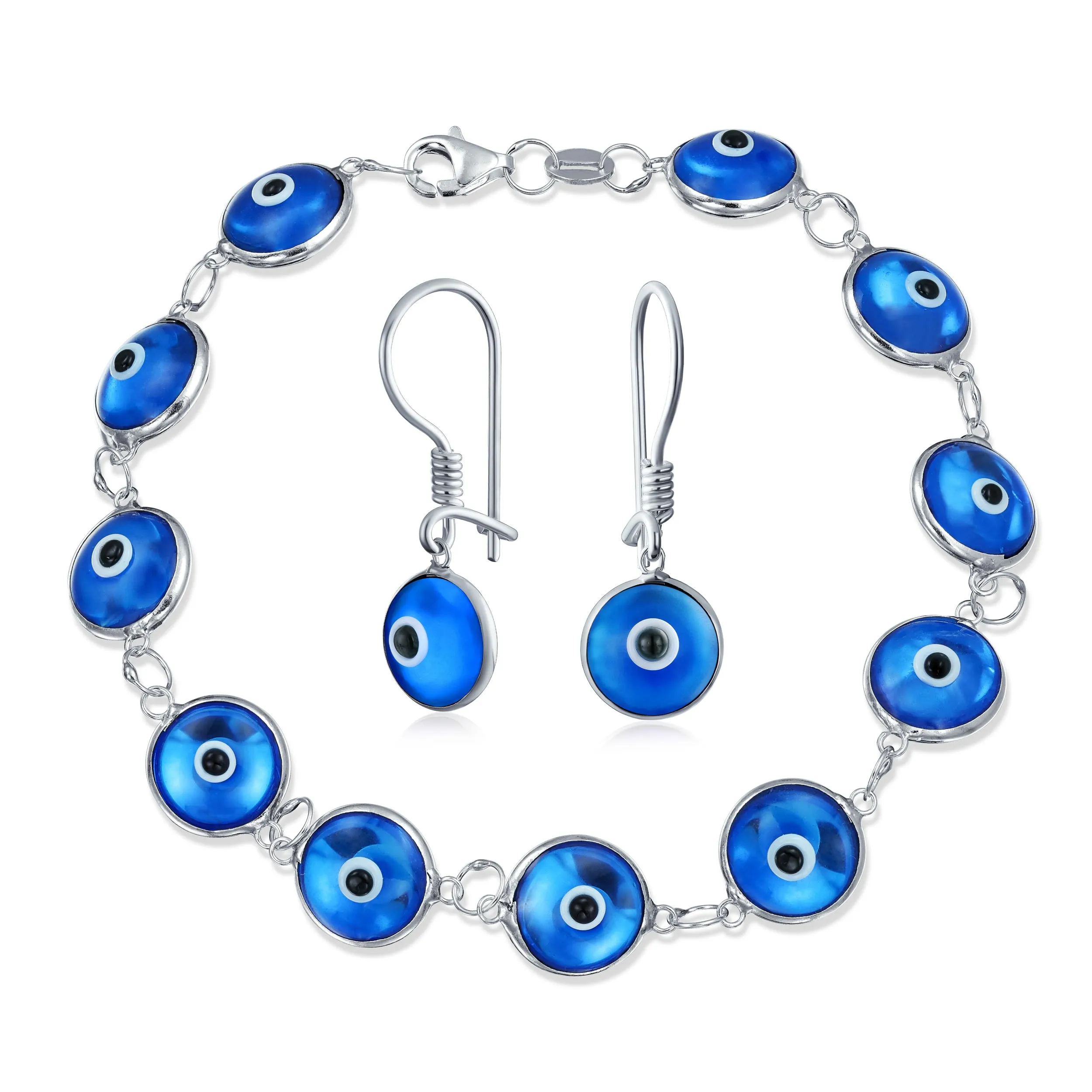 Jewelry Set Turkish Multi Colors Evil Eye Glass Bead Bracelet Sterling Silver