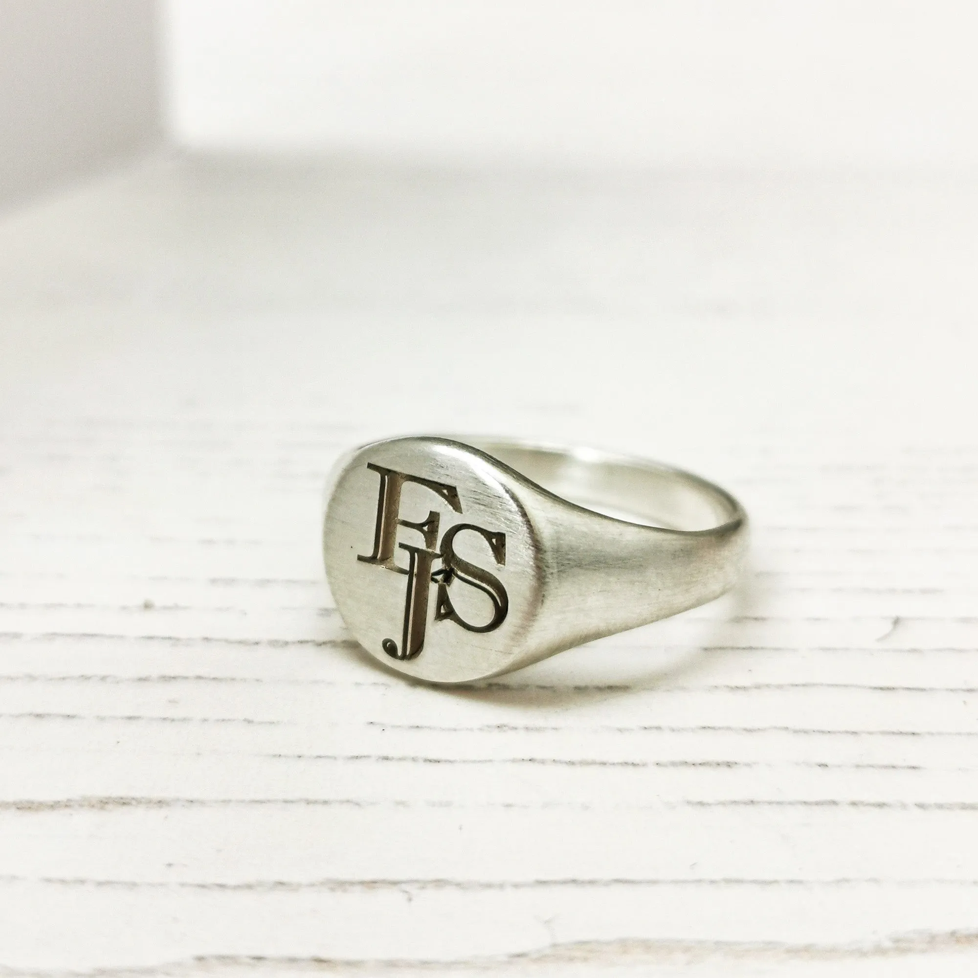 Monogram Initials Round Silver Signet Ring - 2 Initials