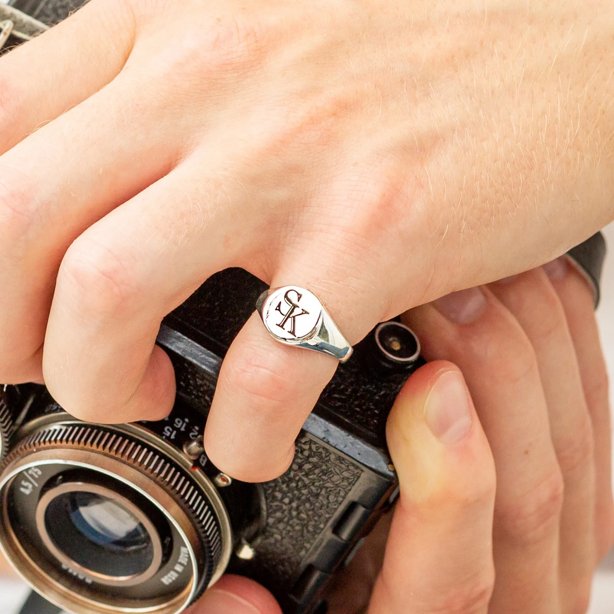 Monogram Initials Round Silver Signet Ring - 2 Initials