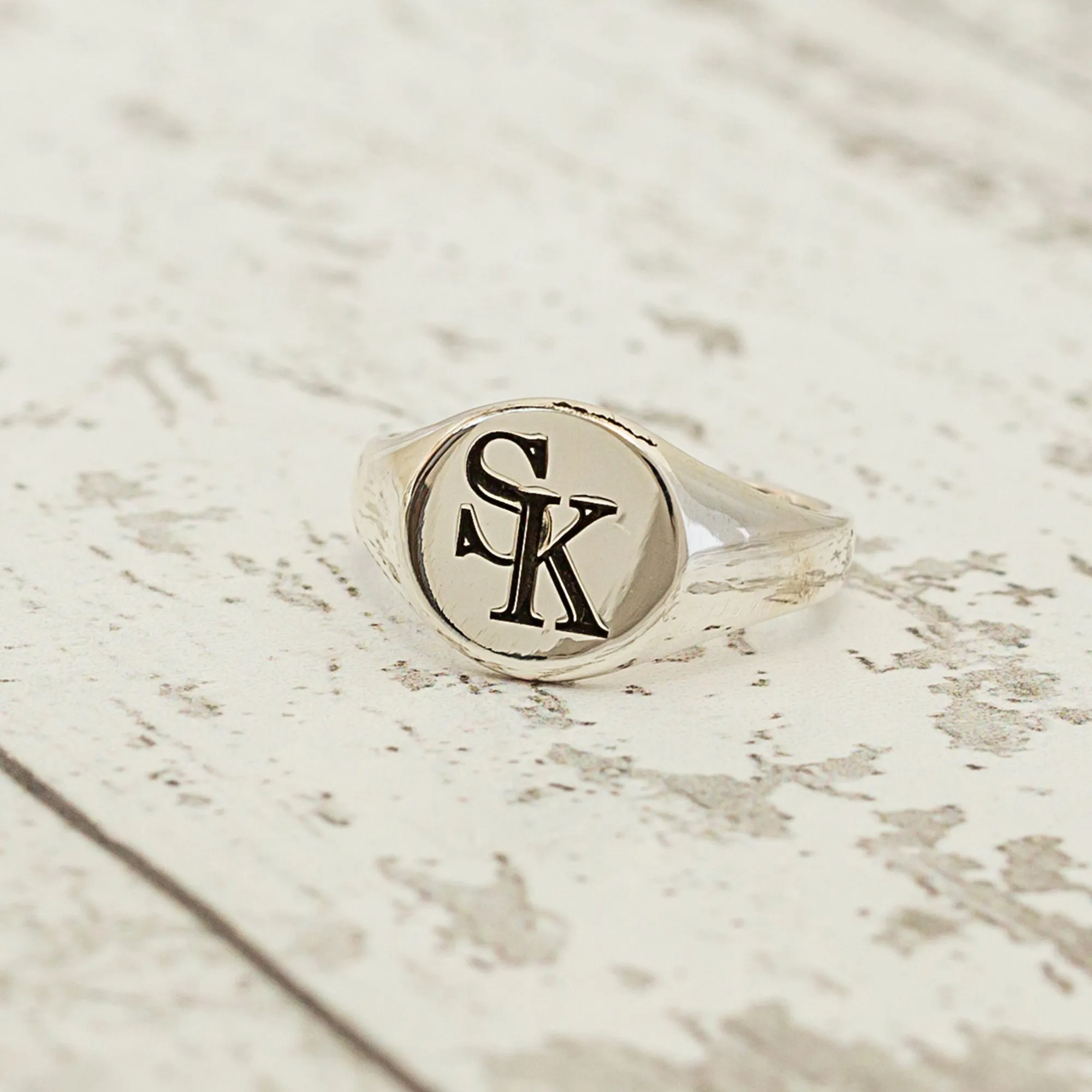 Monogram Initials Round Silver Signet Ring - 2 Initials