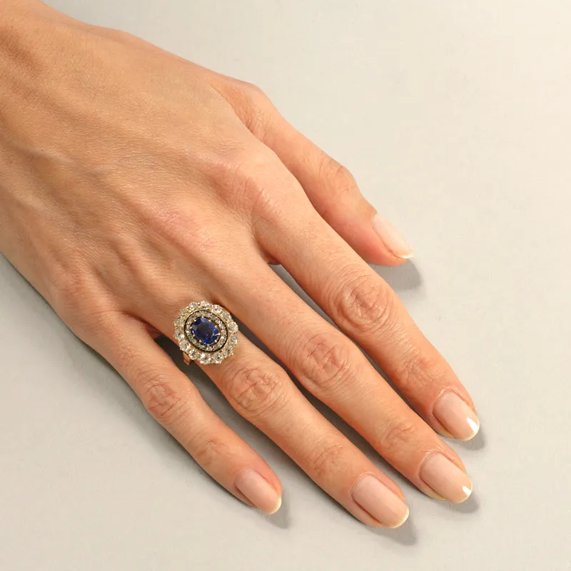 No-Heat Sapphire and Diamond Oval Cluster Ring