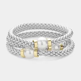 Silver 3PCS - Pearl Pointed Mesh Metal Stretch Multi Layered Bracelets