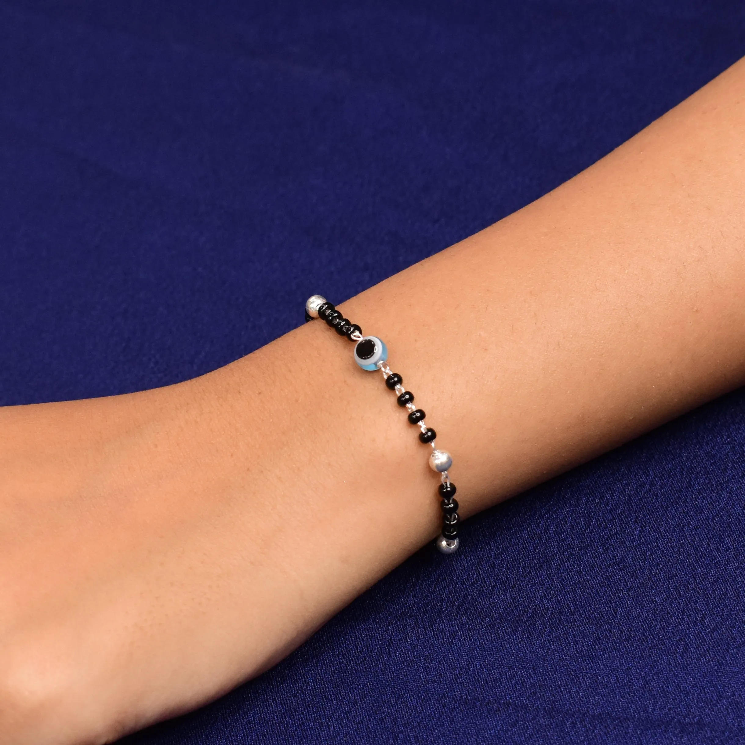 Silver Blue Evil Eye with Black and Silver Beads Bracelet for Girls