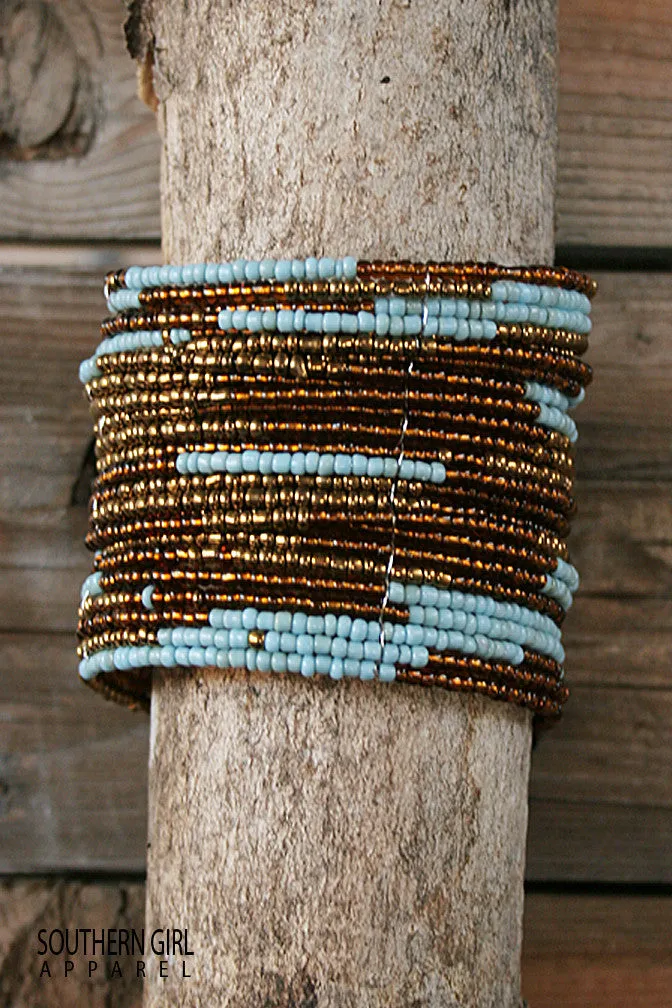 Turquoise and Brass colored Wide Beaded Flex Bracelet